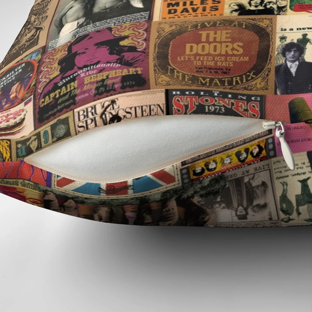 Vibrant retro music-themed decorative pillow with a rock and roll collage design