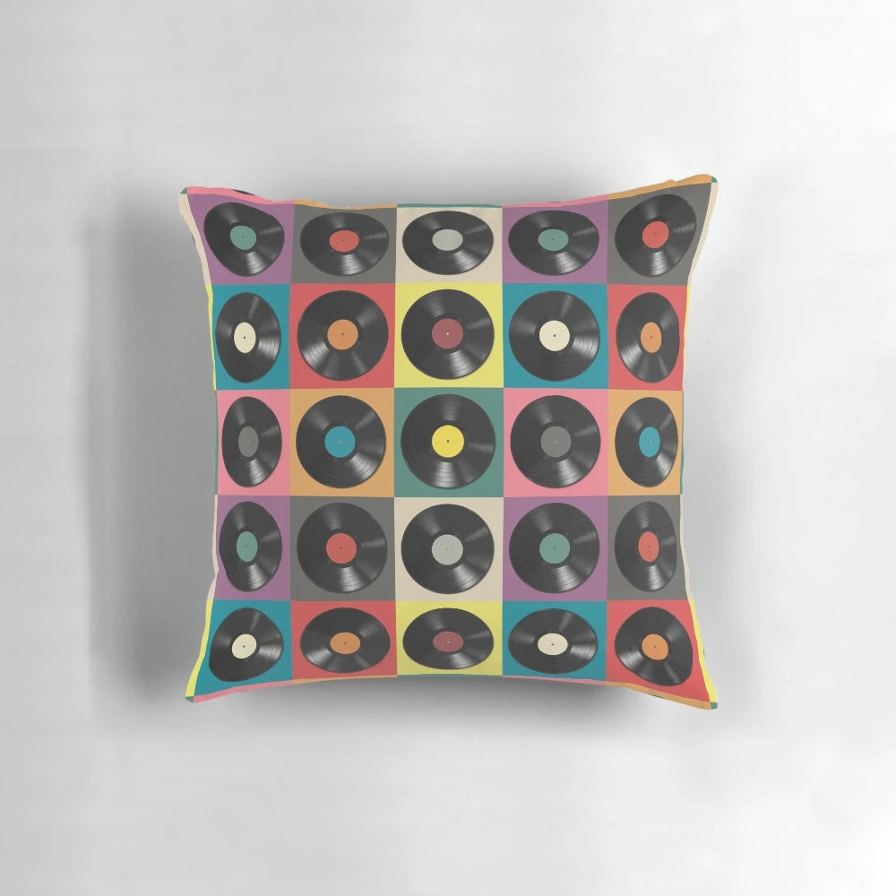 Teal and white vintage vinyl record shaped throw pillow