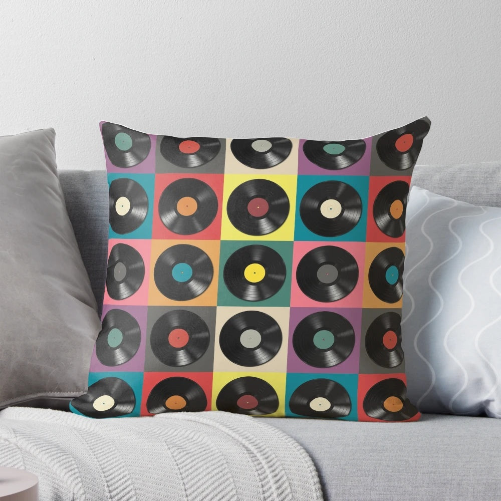 Teal and white vintage vinyl record shaped throw pillow
