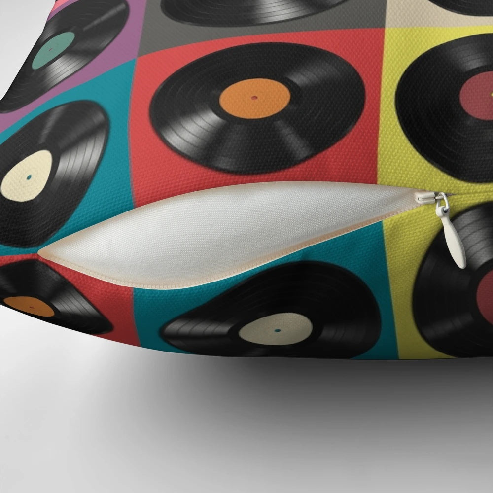 Teal and white vintage vinyl record shaped throw pillow