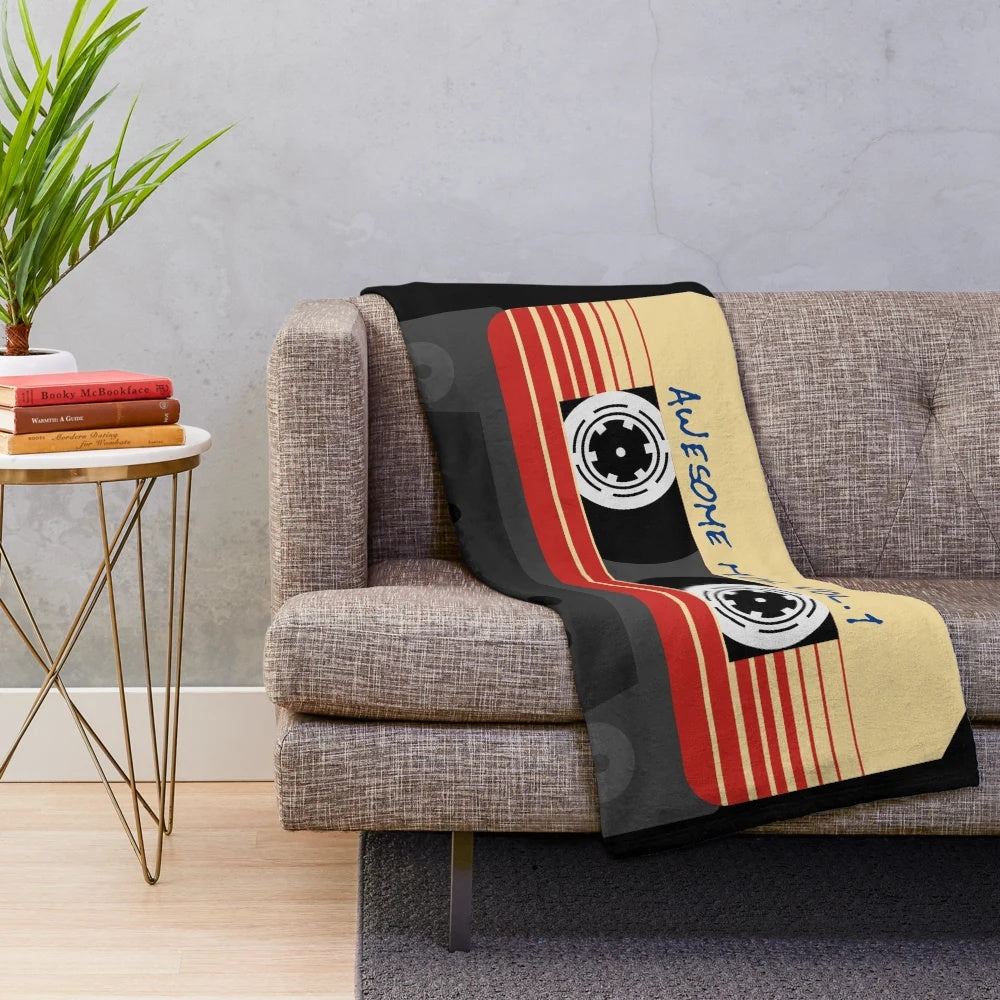 Retro music plush blanket featuring a Guardians of the Galaxy inspired cassette tape design