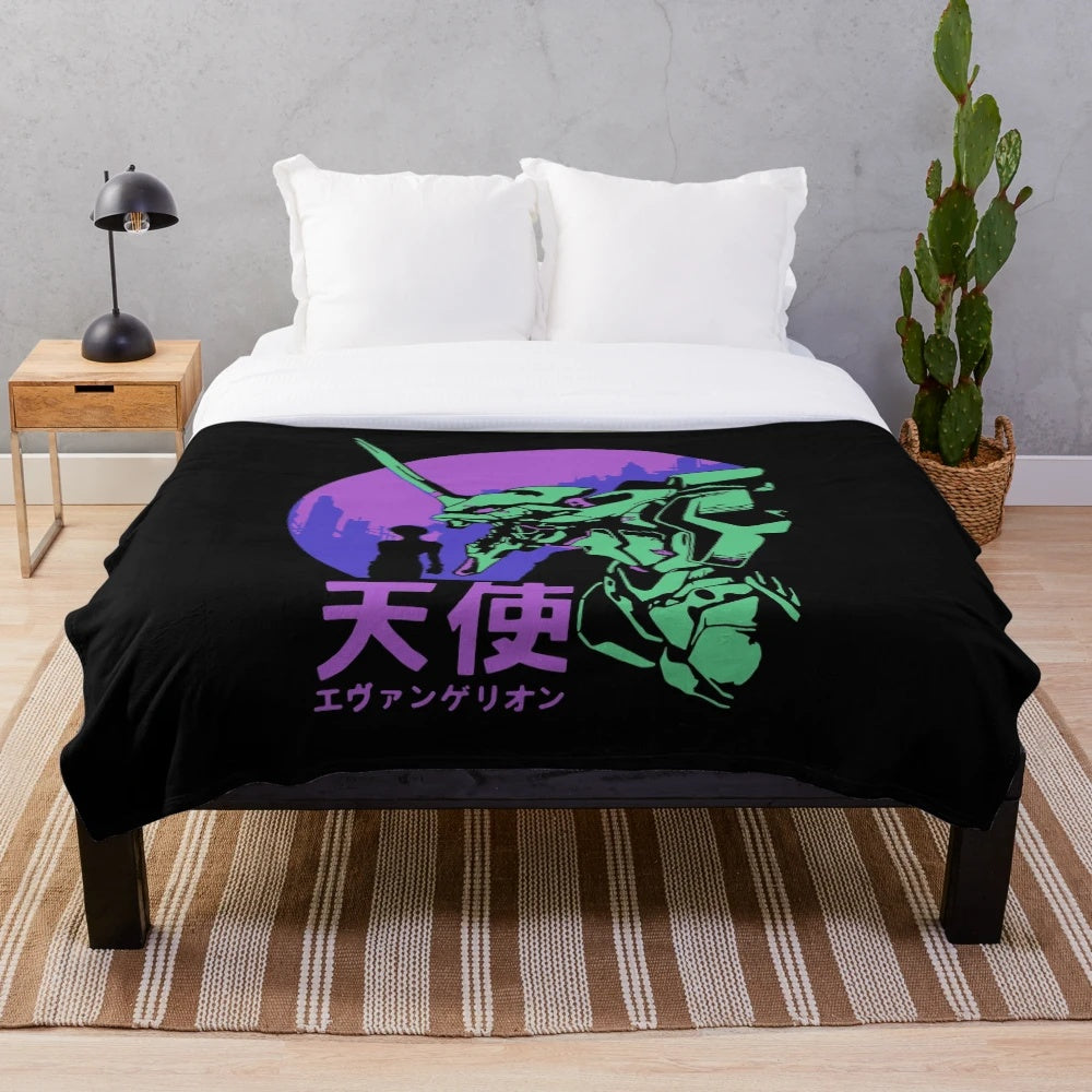 Vintage Neon Genesis Evangelion plush blanket with retro anime mech design