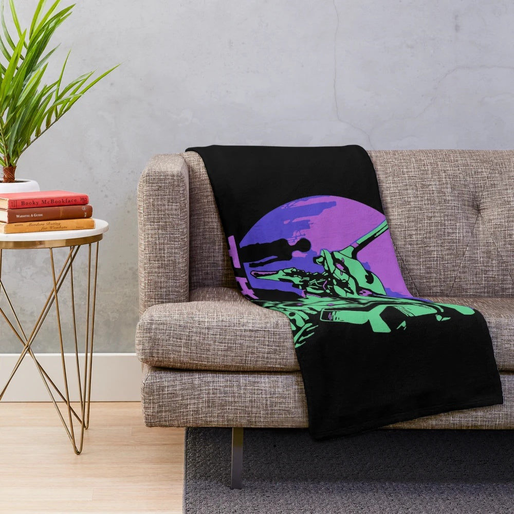 Vintage Neon Genesis Evangelion plush blanket with retro anime mech design