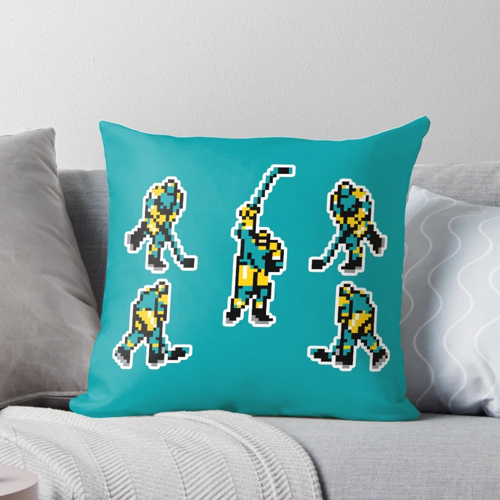 Vintage pixel art "Blades of Steel" NES hockey game pillow