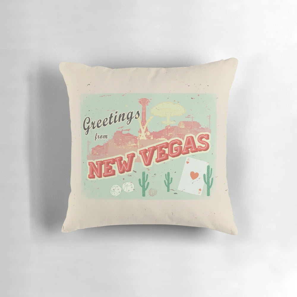 "New Vegas Postcard Pillow featuring a vintage-style postage design from the Fallout video game series"