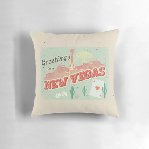 "New Vegas Postcard Pillow featuring a vintage-style postage design from the Fallout video game series"