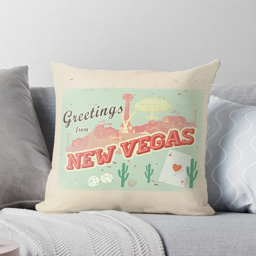 "New Vegas Postcard Pillow featuring a vintage-style postage design from the Fallout video game series"
