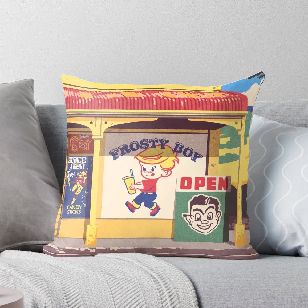 Retro New Zealand "Shop, Bro" Kiwiana-themed throw pillow