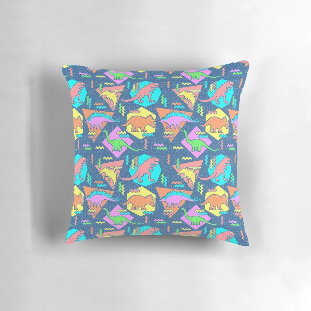 Nineties-inspired dinosaur pattern printed on a soft, plush pillow.