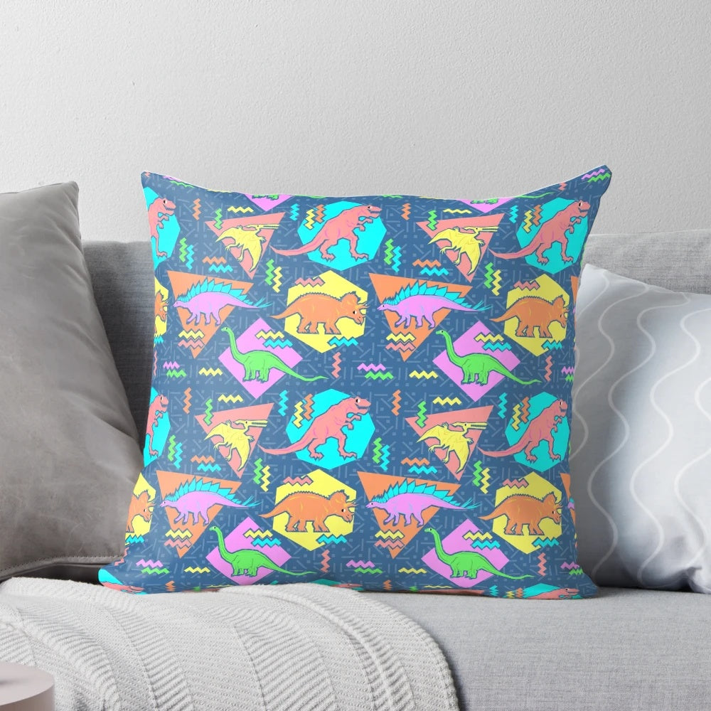 Nineties-inspired dinosaur pattern printed on a soft, plush pillow.