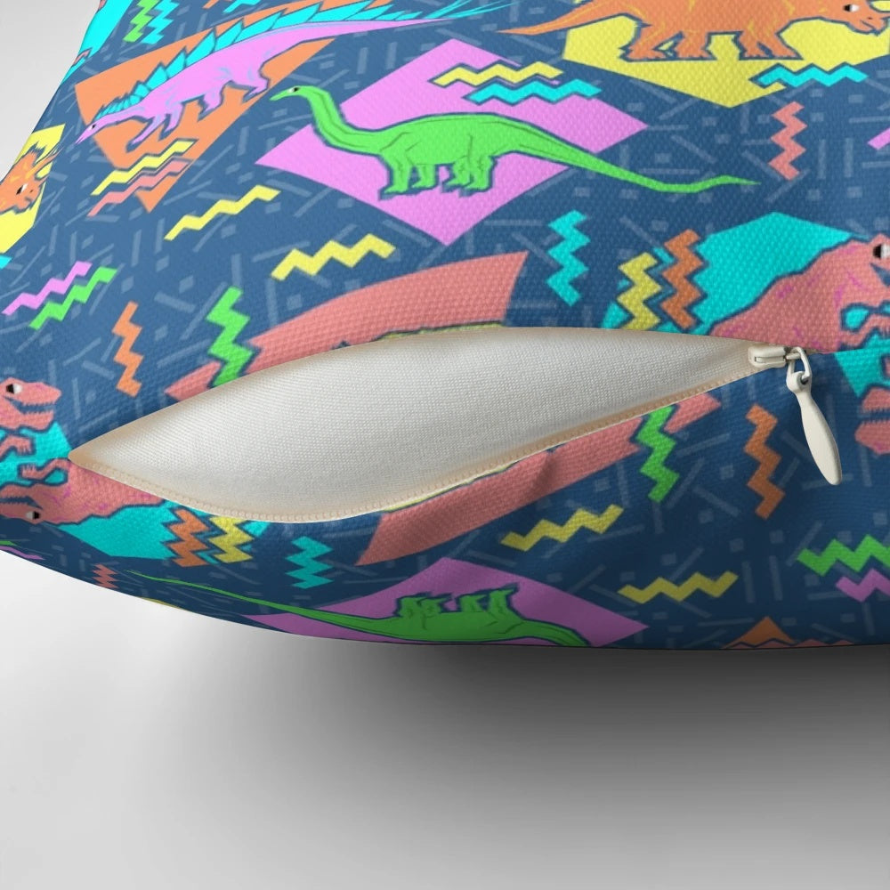 Nineties-inspired dinosaur pattern printed on a soft, plush pillow.