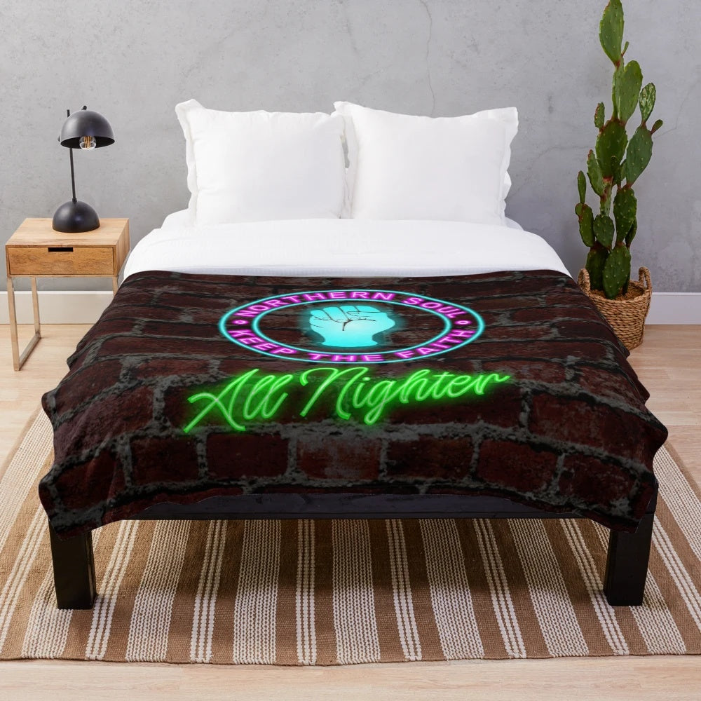 Northern Soul inspired plush blanket with "Keep the Faith" neon sign graphic