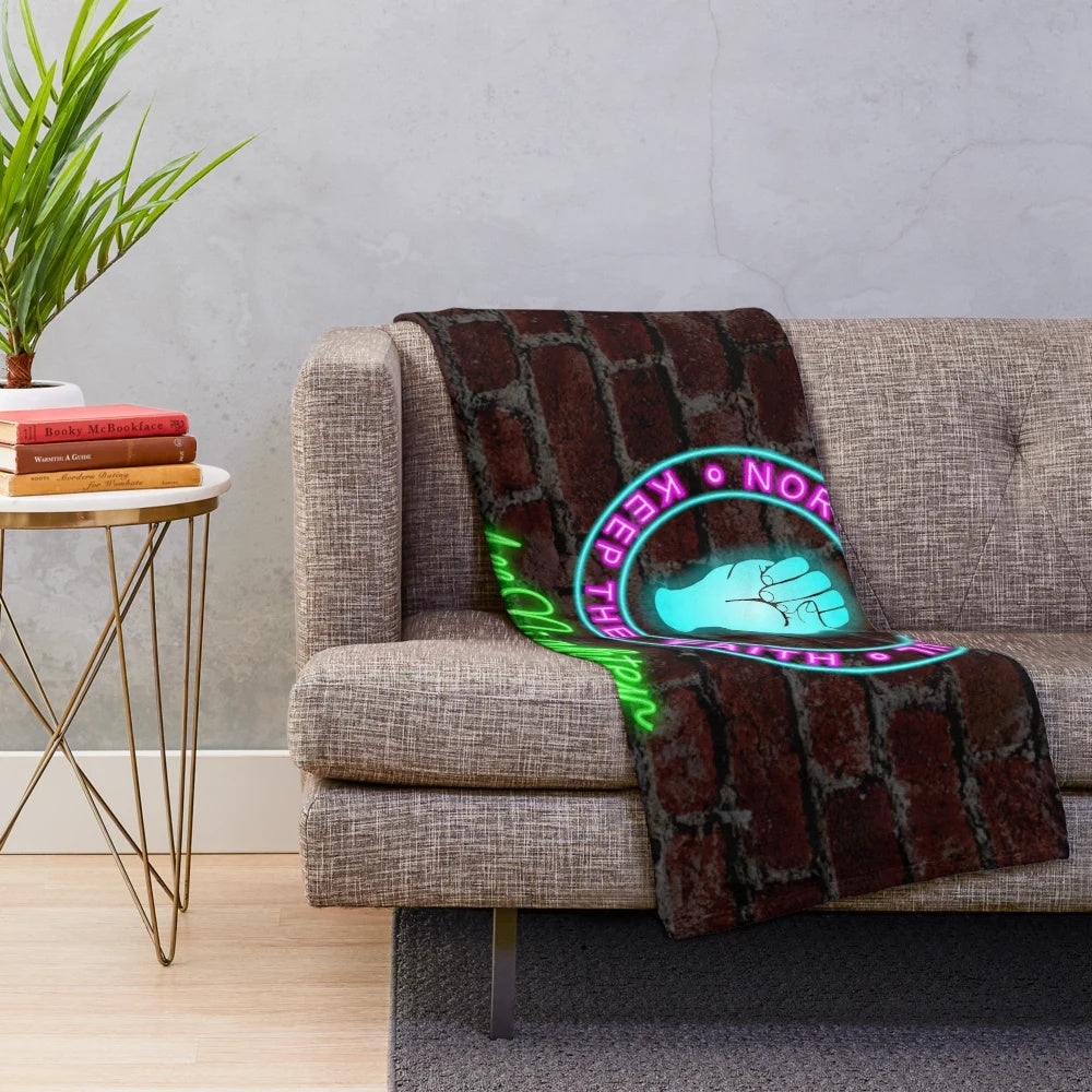 Northern Soul inspired plush blanket with "Keep the Faith" neon sign graphic