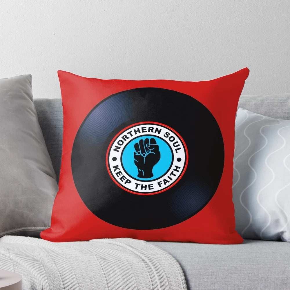 A plush, decorative pillow featuring a classic Northern Soul vinyl record design, perfect for music enthusiasts and retro home decor.