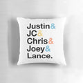 NSYNC themed decorative pillow with band member names and ampersand