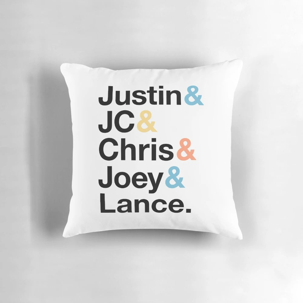 NSYNC themed decorative pillow with band member names and ampersand