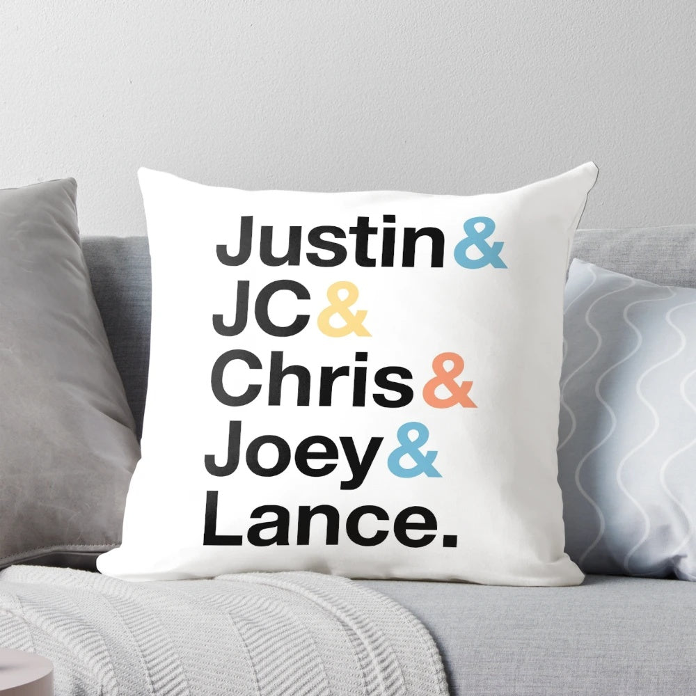 NSYNC themed decorative pillow with band member names and ampersand
