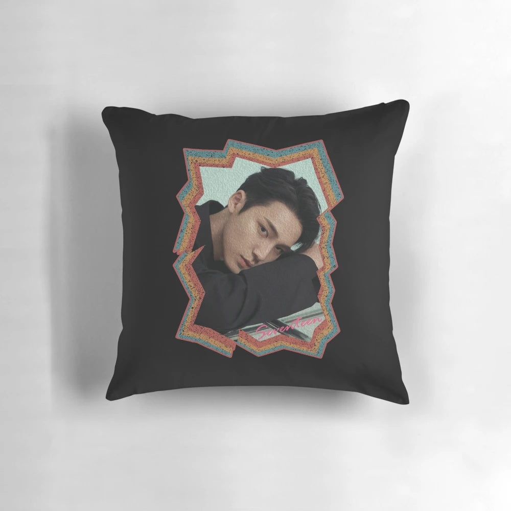 Colorful retro-style oil painting design pillow featuring Kim Mingyu, a member of the popular Korean boy group Seventeen.
