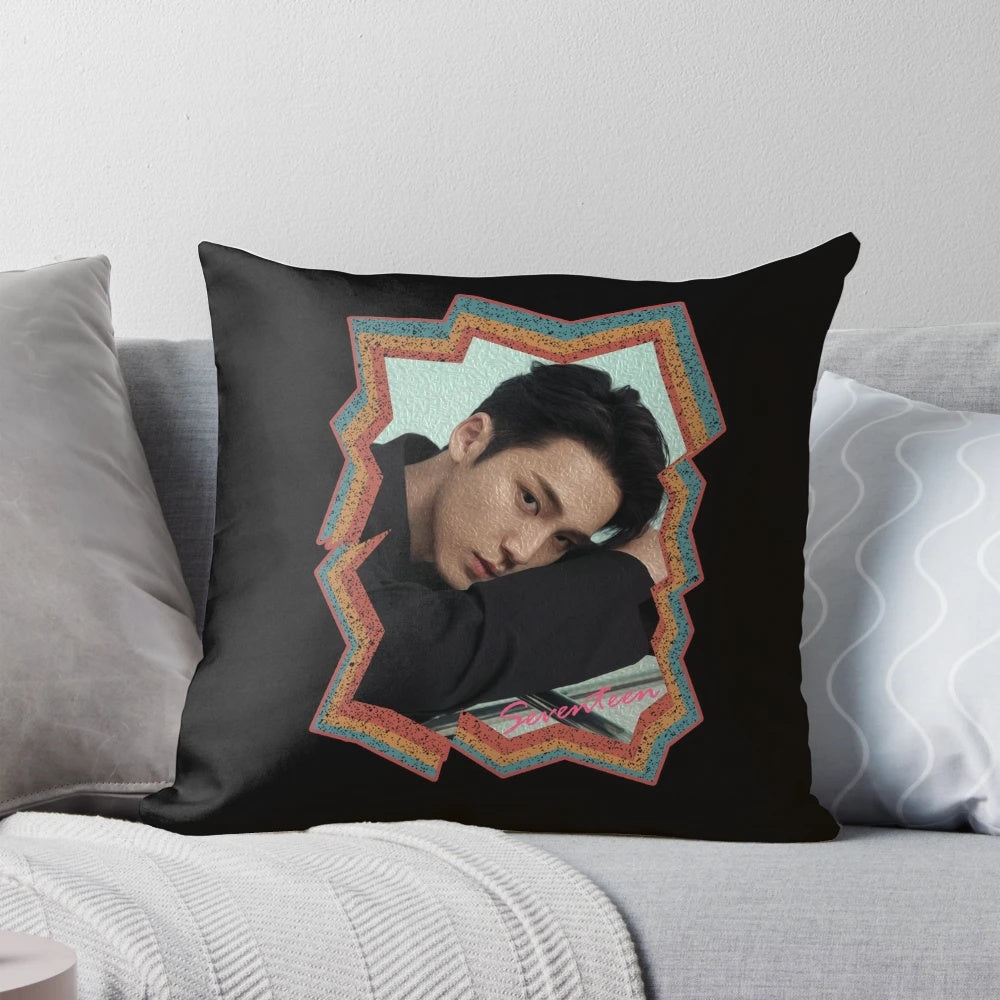 Colorful retro-style oil painting design pillow featuring Kim Mingyu, a member of the popular Korean boy group Seventeen.