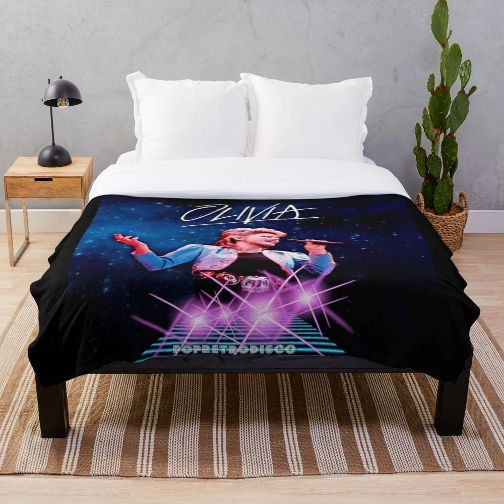 Olivia Newton-John inspired 80s music plush blanket in blue