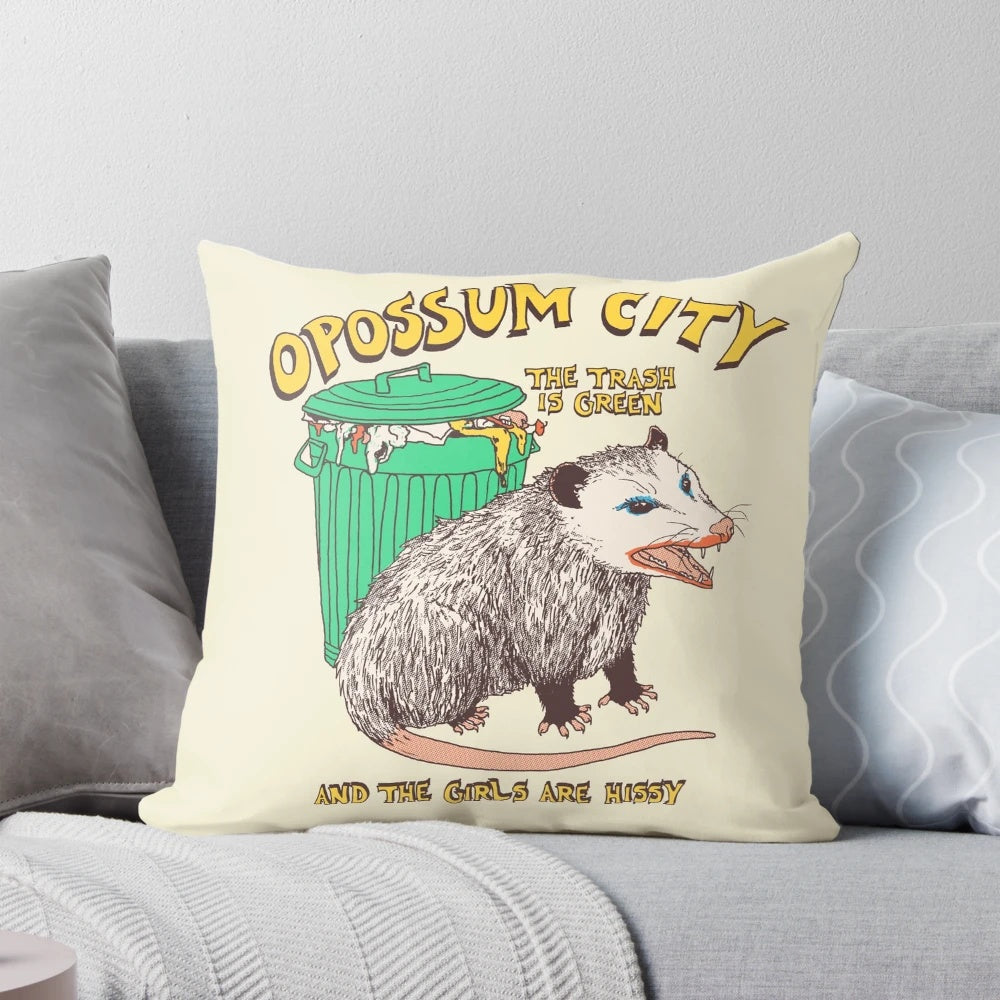 Vibrant opossum/possum graphic on a soft, plush pillow with a retro, vintage aesthetic.