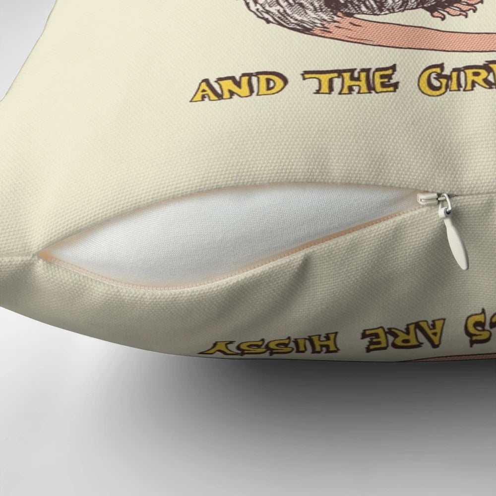 Vibrant opossum/possum graphic on a soft, plush pillow with a retro, vintage aesthetic.