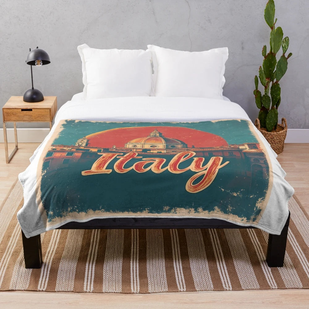 Retro pastel art plush blanket featuring Italian cultural elements