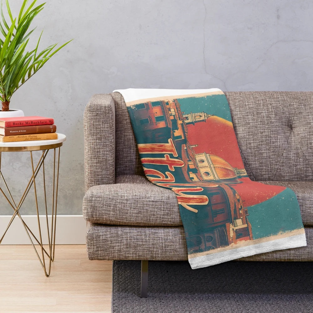 Retro pastel art plush blanket featuring Italian cultural elements