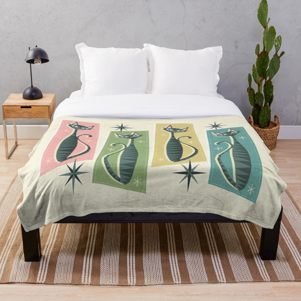 Retro patchwork plush blanket featuring geometric cat and starburst designs