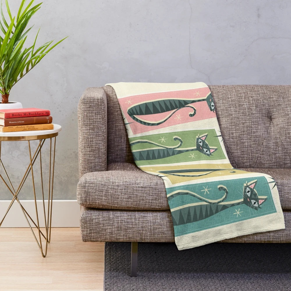 Retro patchwork plush blanket featuring geometric cat and starburst designs