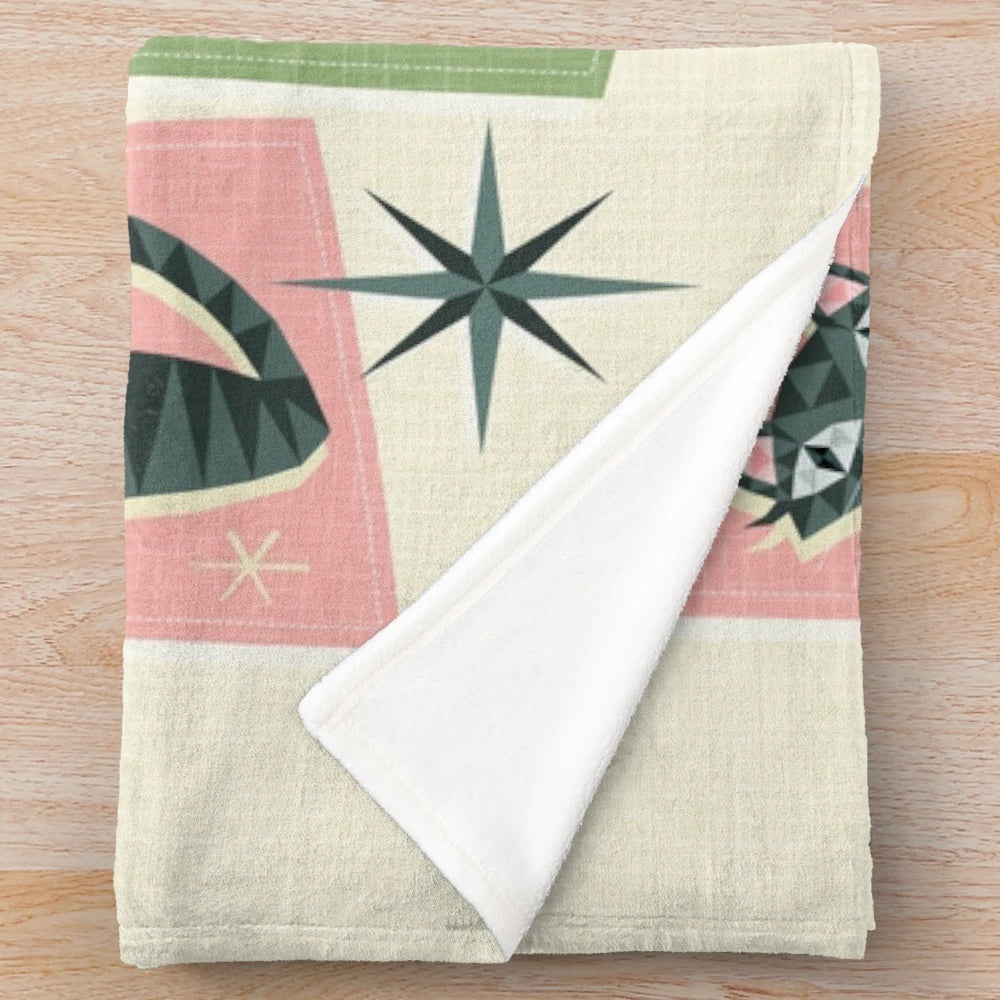 Retro patchwork plush blanket featuring geometric cat and starburst designs
