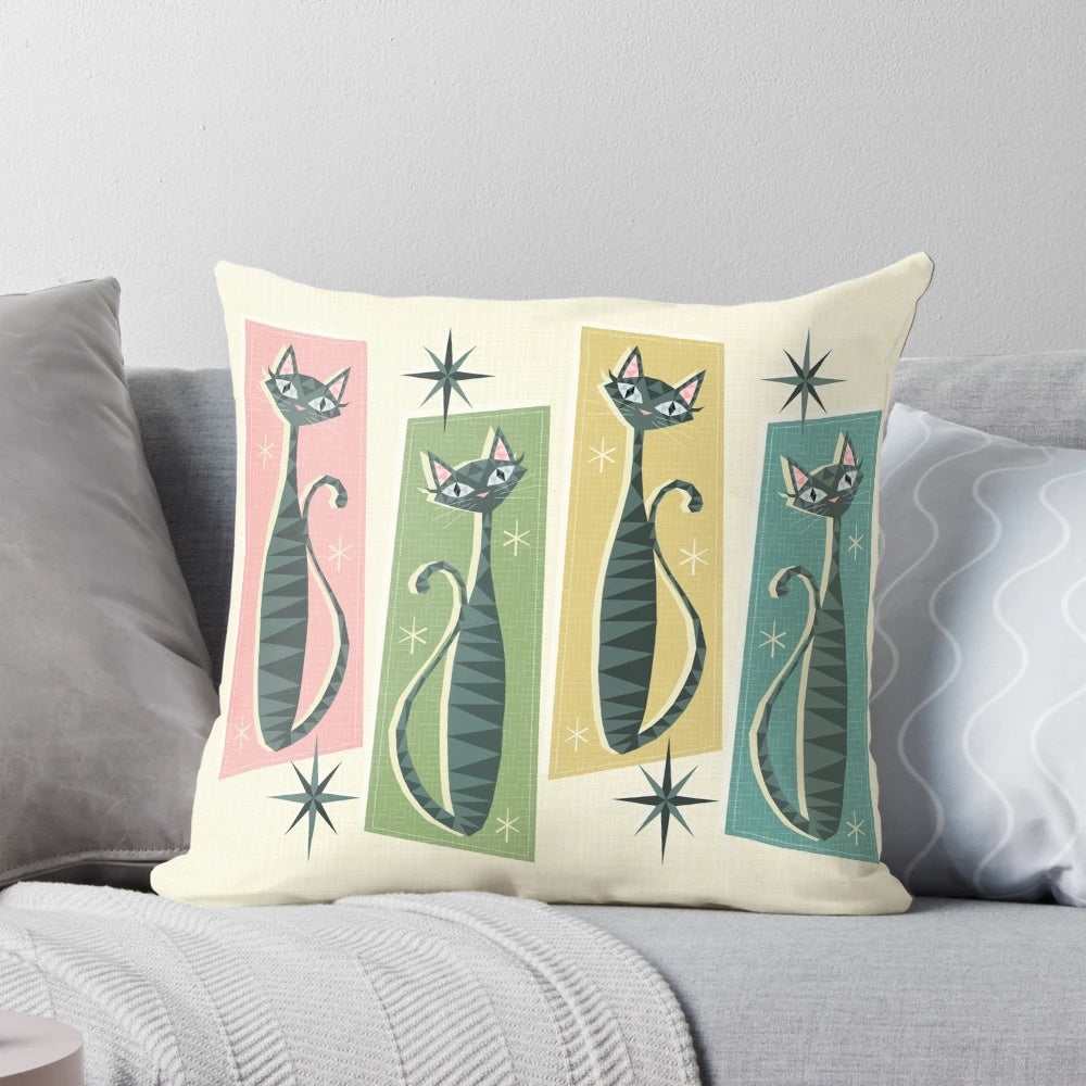 Colorful patchwork tabby cat throw pillow with retro atomic starburst design