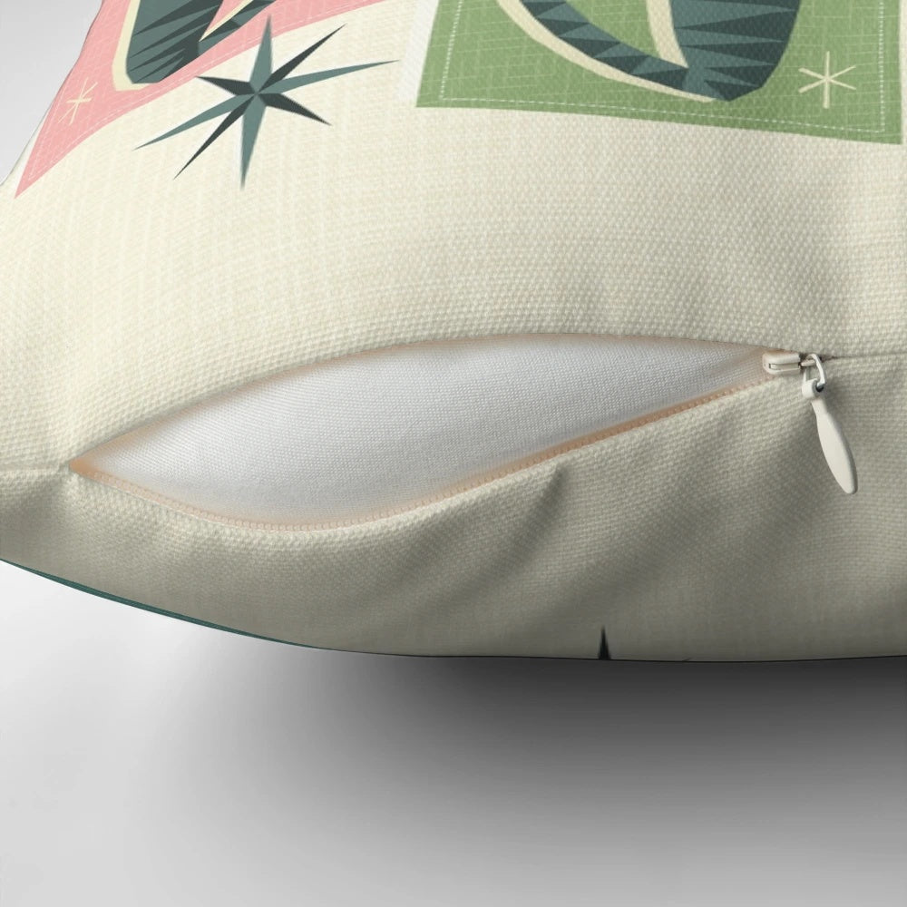 Colorful patchwork tabby cat throw pillow with retro atomic starburst design