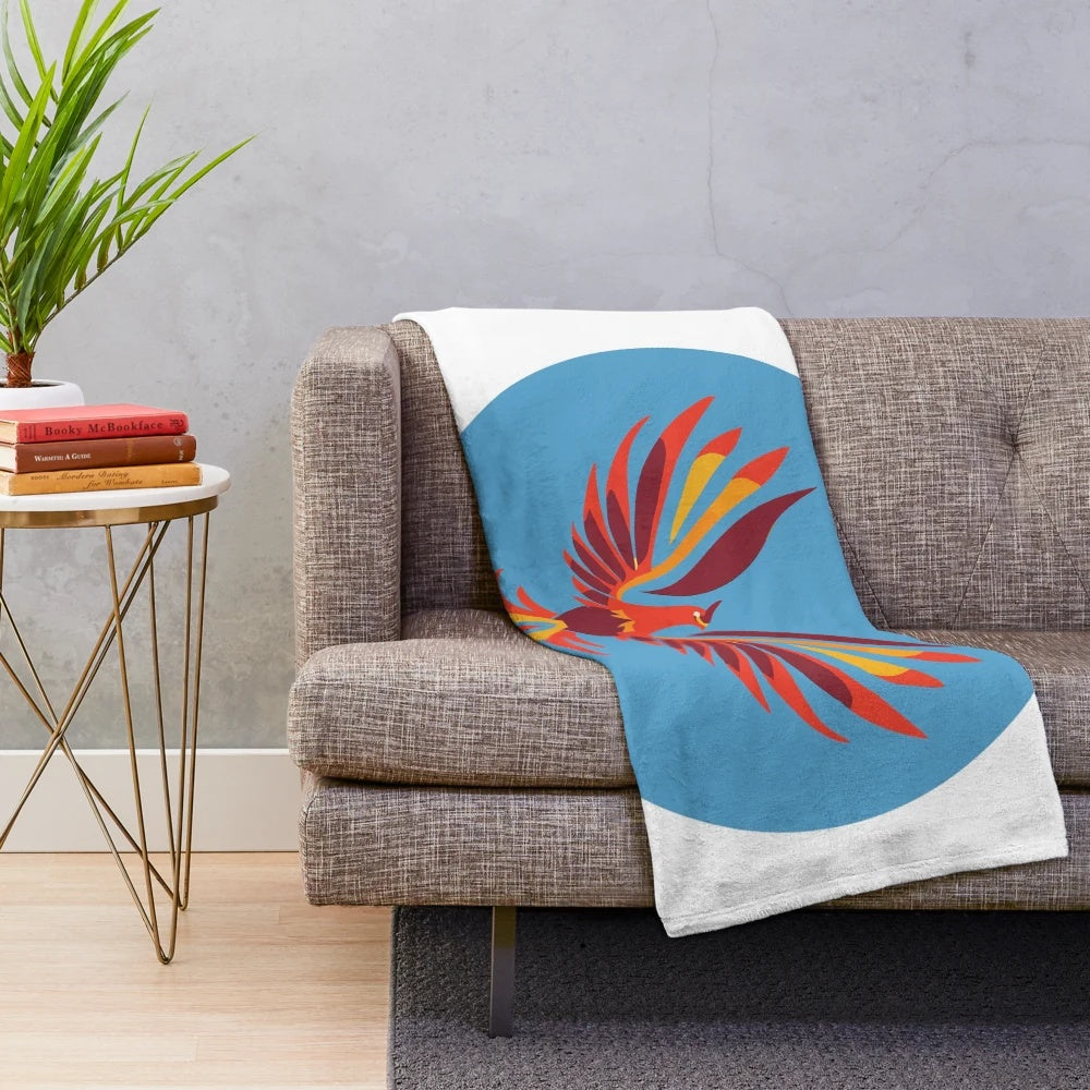 Vintage-style plush blanket featuring a legendary phoenix bird design