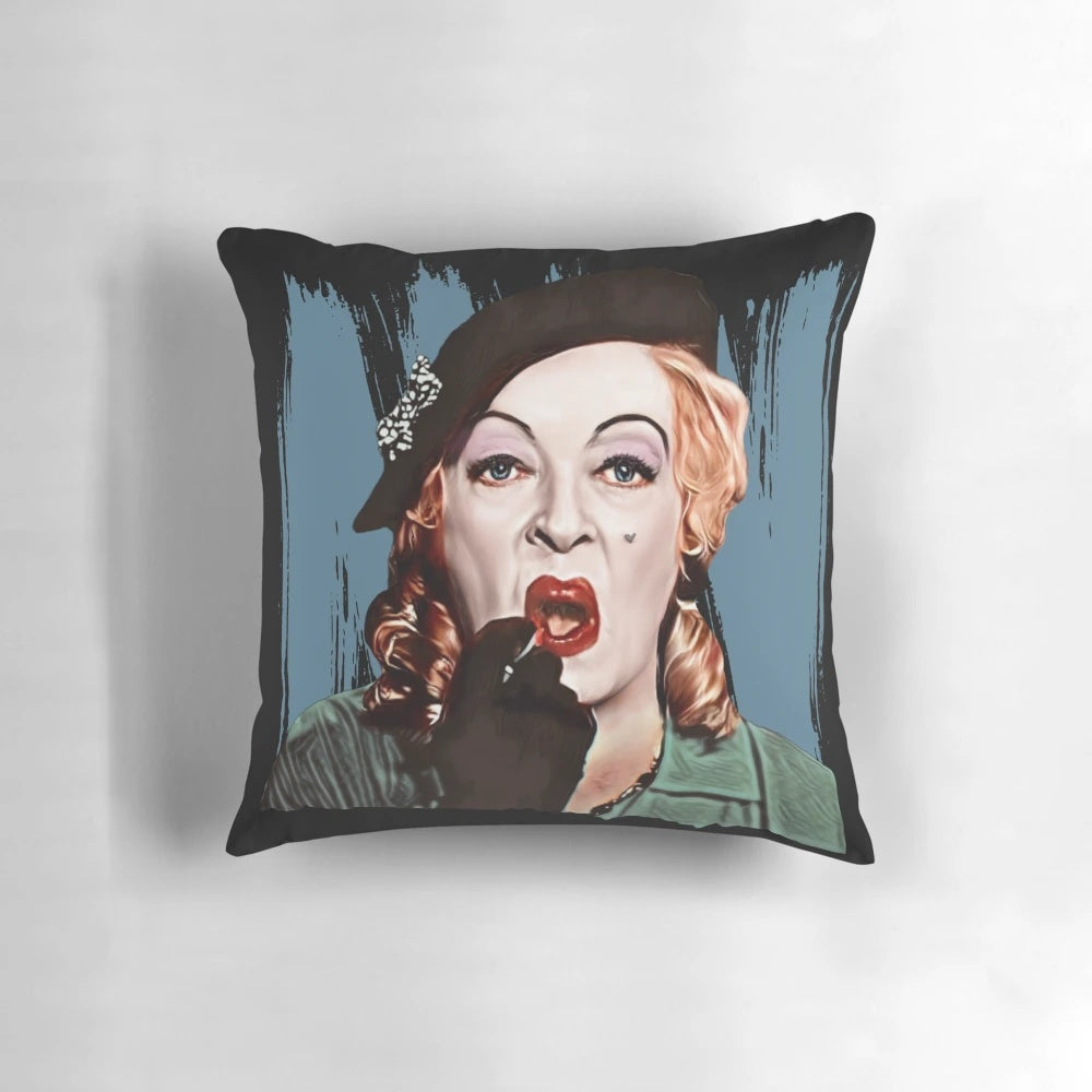 Retro throw pillow featuring the character Baby Jane Hudson from the classic film "Whatever Happened to Baby Jane?"