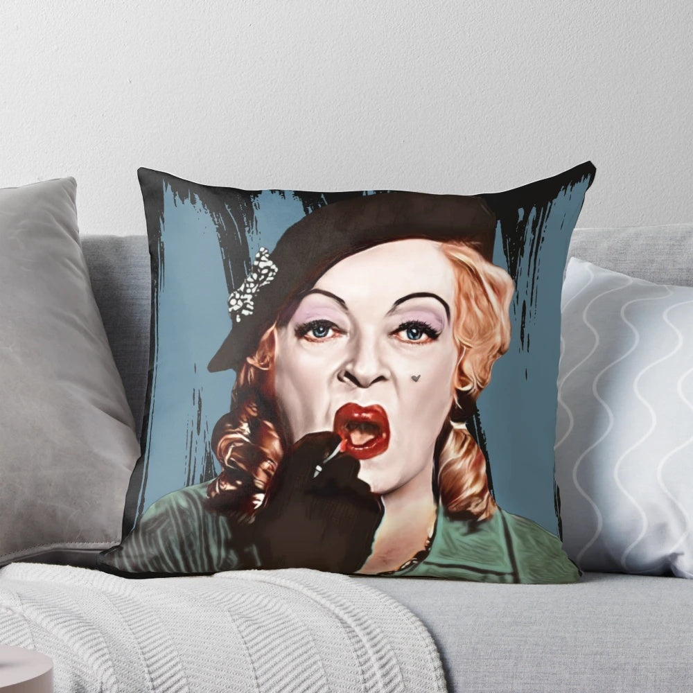 Retro throw pillow featuring the character Baby Jane Hudson from the classic film "Whatever Happened to Baby Jane?"