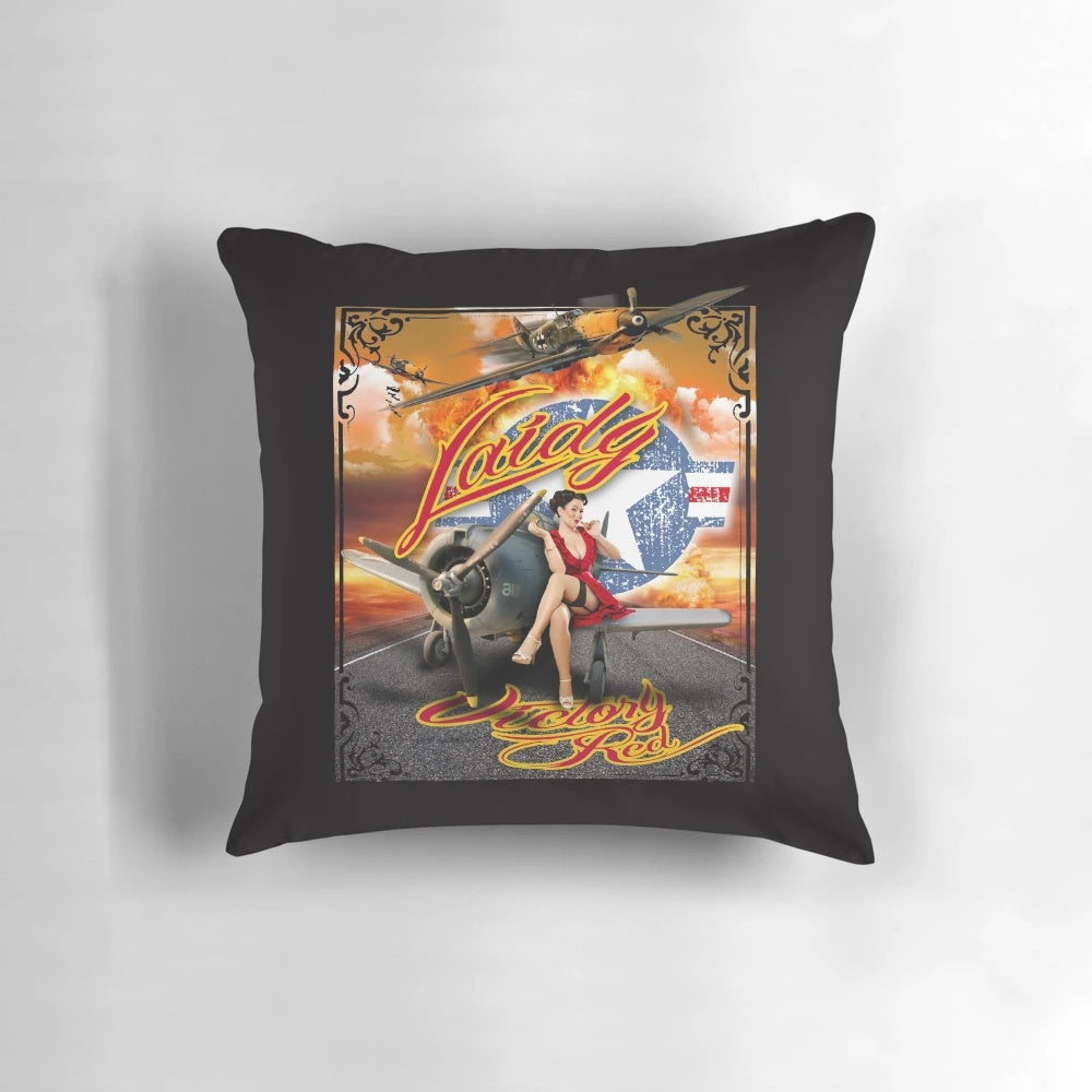 Vintage-inspired pin up pillow featuring a fly lady design