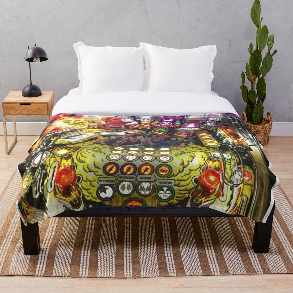 Plush blanket featuring a classic pinball machine design