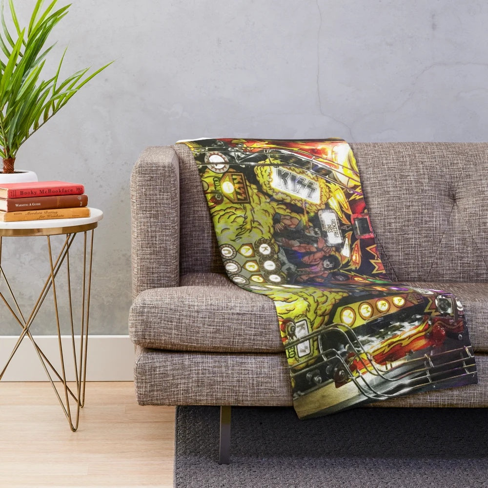 Plush blanket featuring a classic pinball machine design