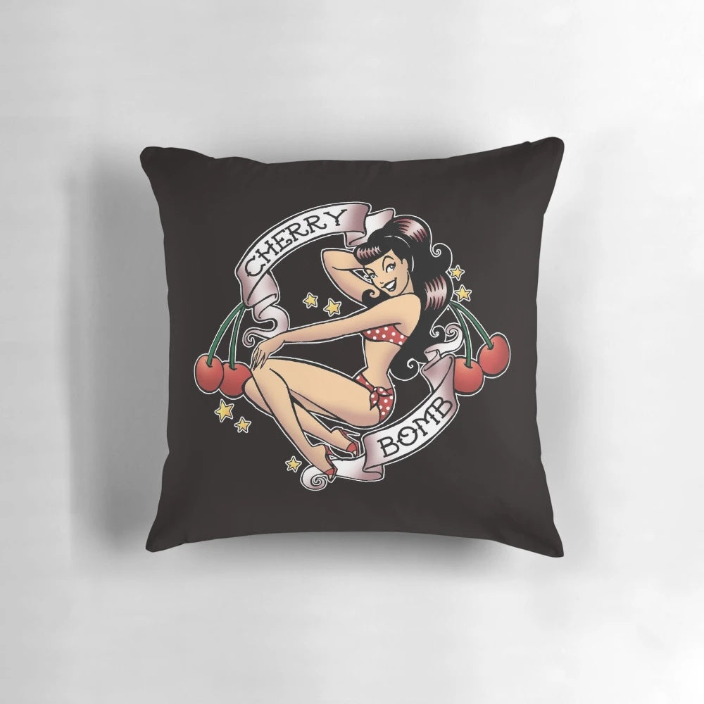 Retro pinup style Cherry Bomb pillow with a cute, sexy cartoon design