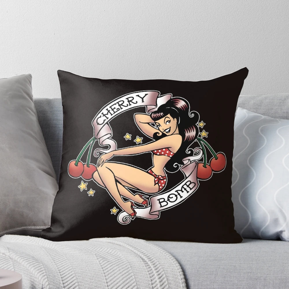 Retro pinup style Cherry Bomb pillow with a cute, sexy cartoon design