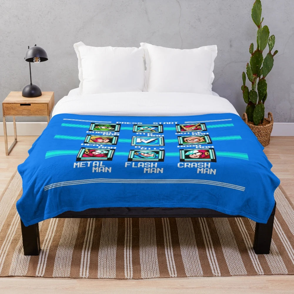 Pixel art Mega Man 2 stage select design on plush blanket