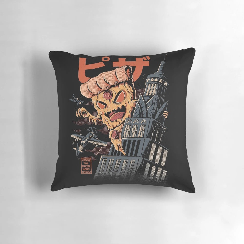 Retro-styled pizza pillow inspired by classic Japanese kaiju movies