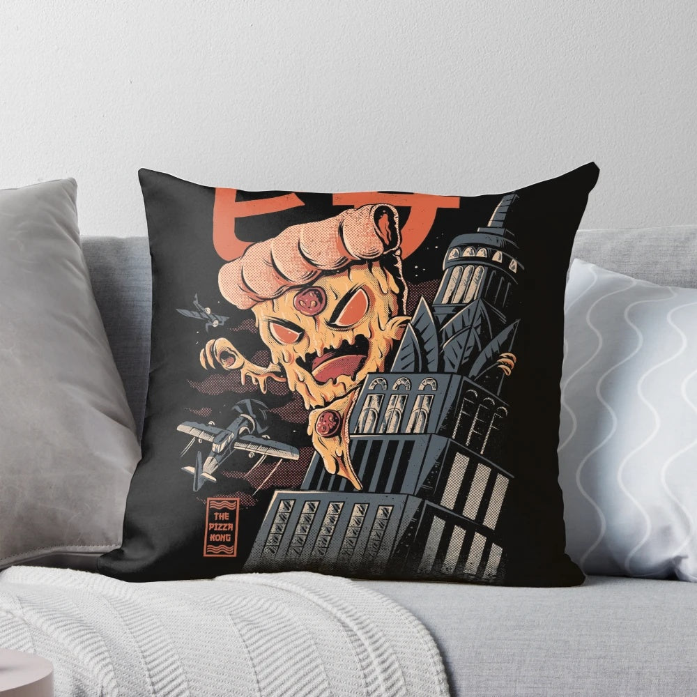 Retro-styled pizza pillow inspired by classic Japanese kaiju movies
