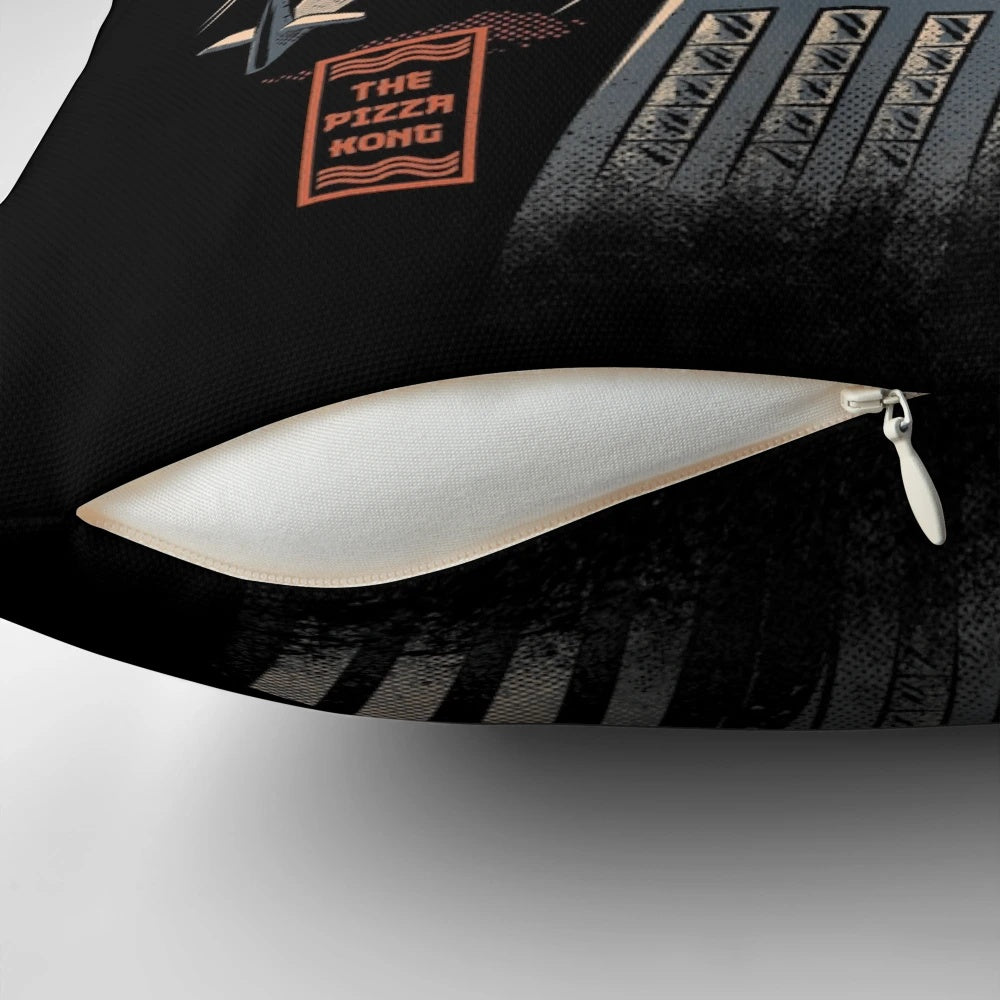 Retro-styled pizza pillow inspired by classic Japanese kaiju movies
