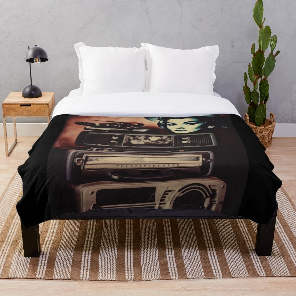 Retro plush blanket featuring classic cinema motifs