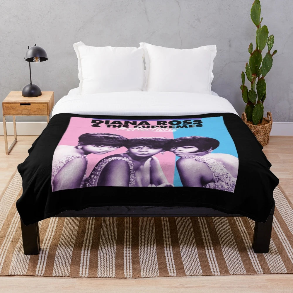 Vintage-inspired plush blanket showcasing the iconic Diana Ross and The Supremes