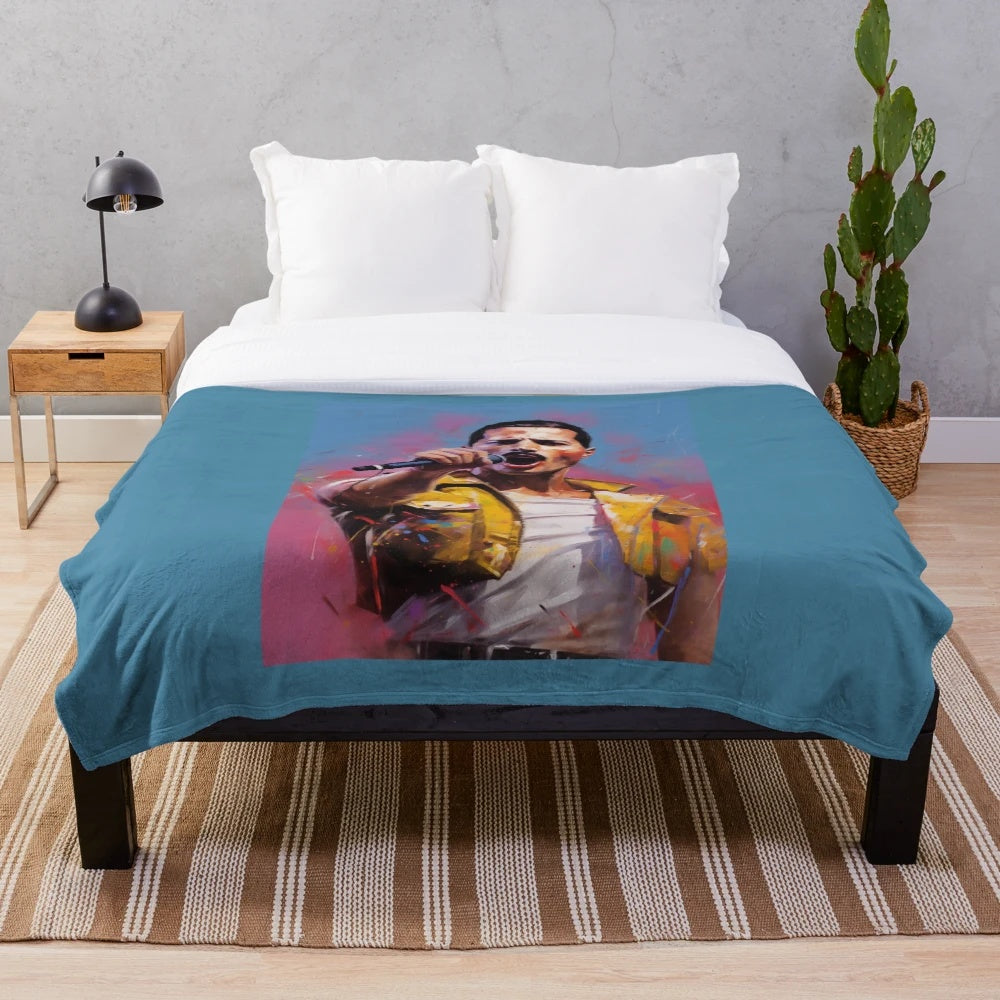 Vintage-style plush blanket with an oil painting-inspired image of Freddie Mercury, the legendary lead singer of the band Queen.
