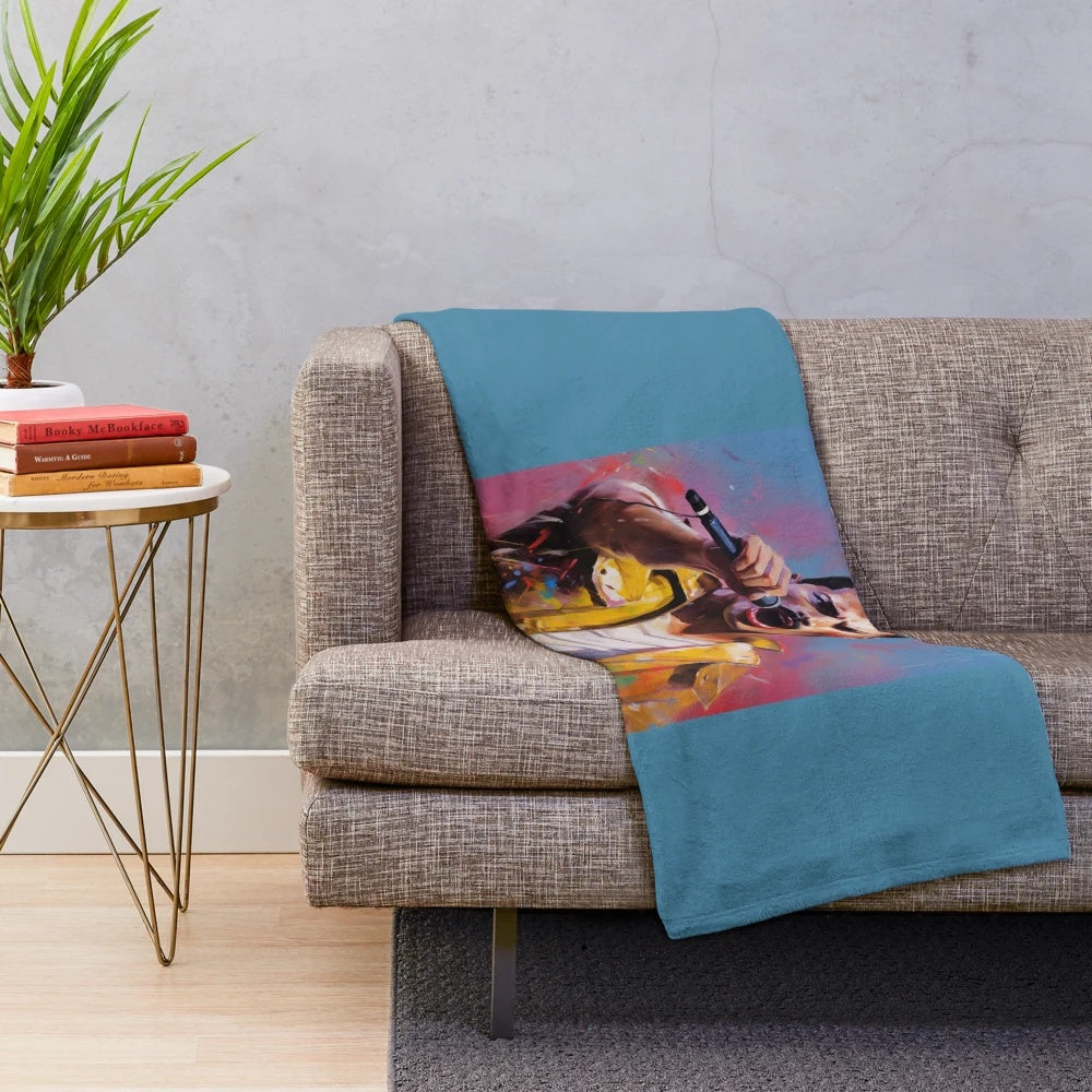 Vintage-style plush blanket with an oil painting-inspired image of Freddie Mercury, the legendary lead singer of the band Queen.