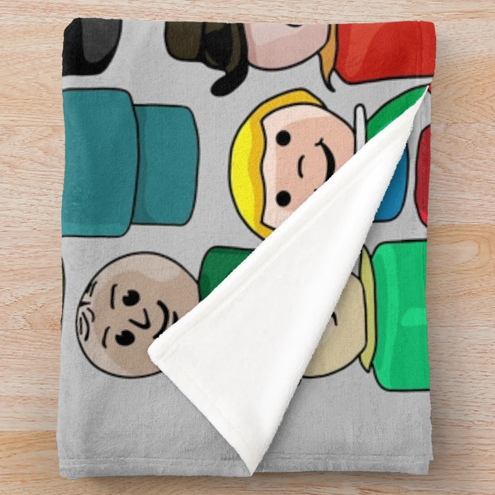 Plush blanket with retro neighborhood characters